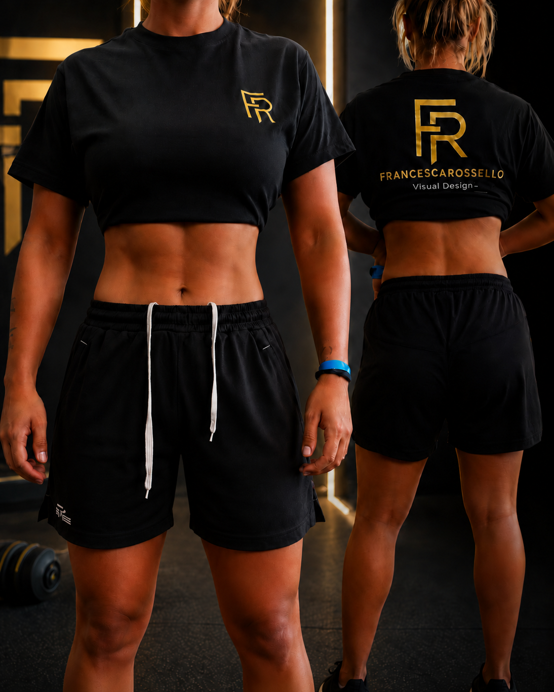 T-shirt nera con monogramma FR dorato su fronte e retro, indossata in palestra — brand identity per coach e personal trainer.